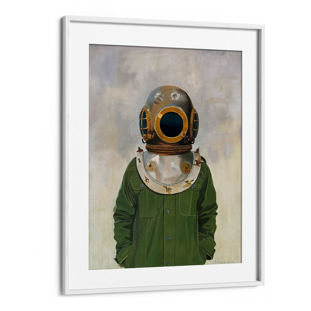 VINTAGE DIVER'S HELMET ON A PERSON , PORTRAITS & FIGURATIVE ILLUSTRATIONS