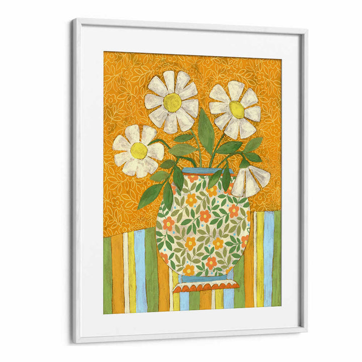 WHITE DAISIES IN A PATTERNED VASE