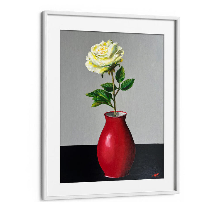 WHITE ROSE IN A RED VASE