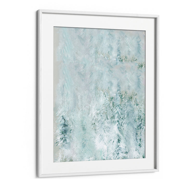 Serene abstract painting titled WINTER WHITE FOREST I, capturing the beauty of winter's tranquility for your decor.