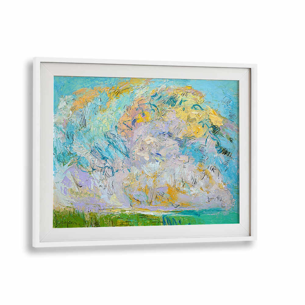 WHIMSICAL CLOUDSCAPE , LANDSCAPE PAINTINGS Whitemount framed dreamy scene with soft floating clouds, pastel texture