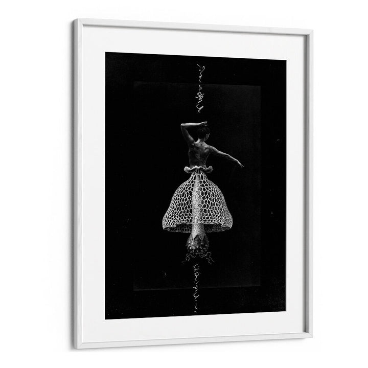 Surreal art print titled "DANCE WITH ME," featuring a dancer in a unique, lace-like dress, perfect for art lovers.