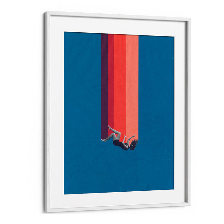 Surreal art print "FALLING LOVE" features a figure suspended against vibrant colors, perfect for unique decor.