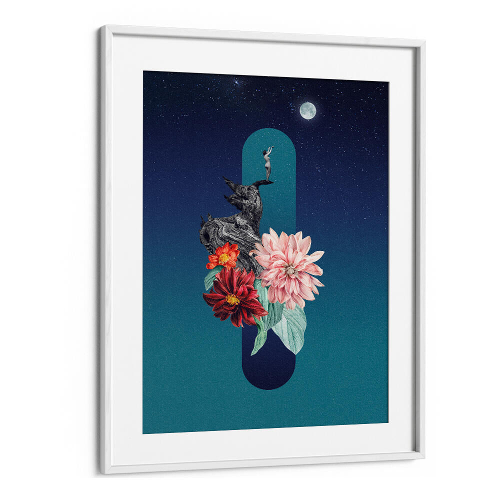 Surreal art print featuring a full moon, flowers, and a whimsical figure, ideal for enhancing any space. FULL MOON, SURREAL ART PRINTS.