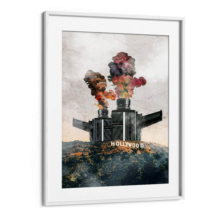 Surreal art print featuring a dramatic Hollywood landscape with smoke, perfect for modern decor. HOLLYWOOD, SURREAL ART PRINTS.
