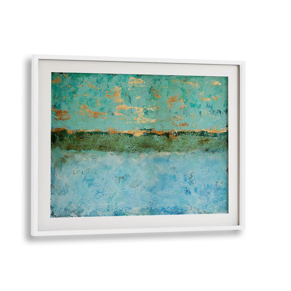 Ethereal Horizons, abstract paintings featuring serene blue tones and gold accents, perfect for transforming your space.
