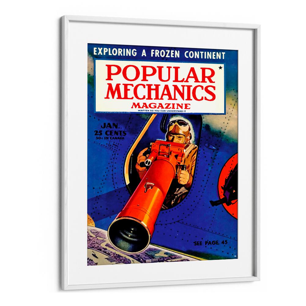 Vintage travel poster featuring POPLUAR MECHANICS magazine cover, showcasing exploration of a frozen continent.
