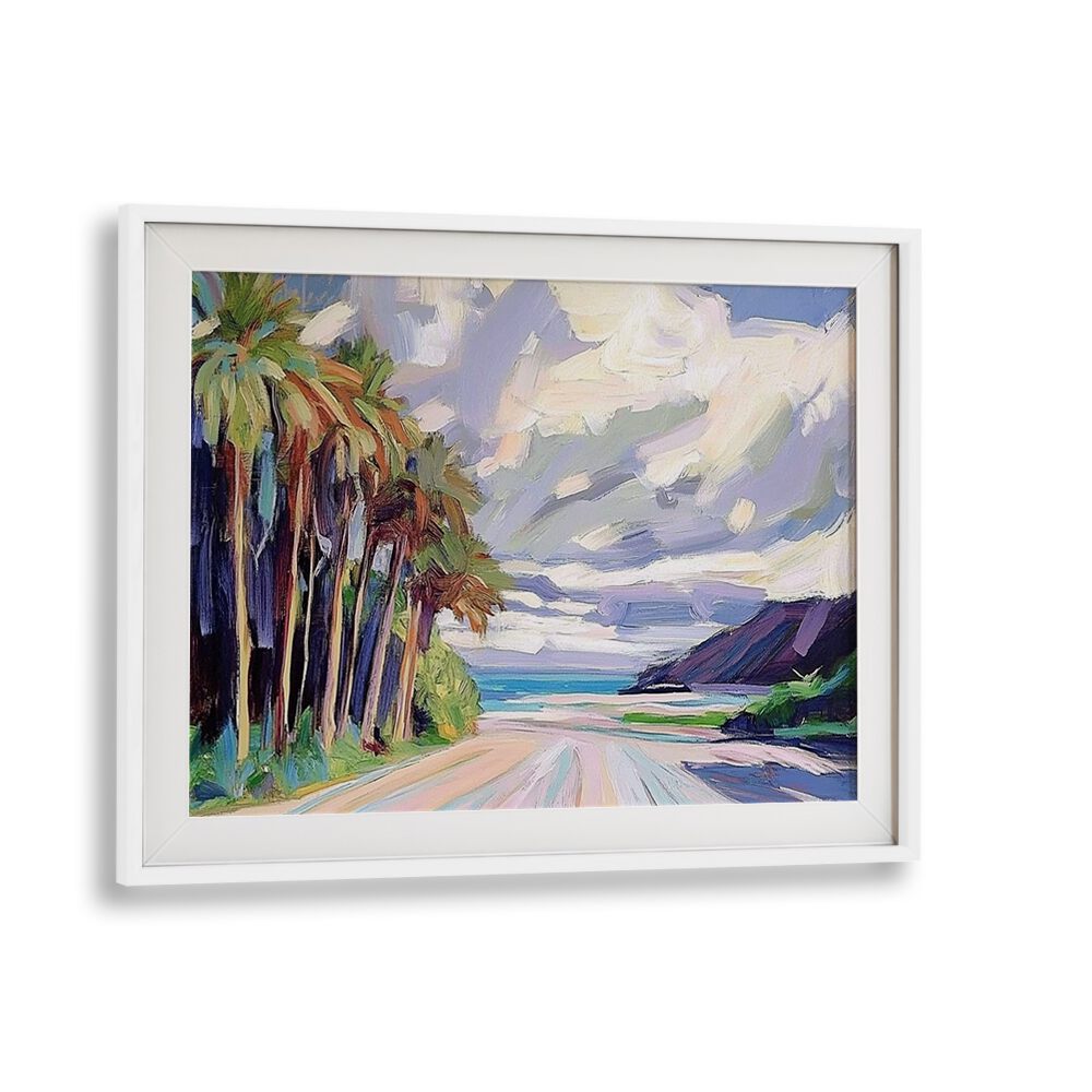 Colorful artwork depicting a serene palm-lined scene titled ROAD TO THE BEACH, perfect for beach lovers' decor.