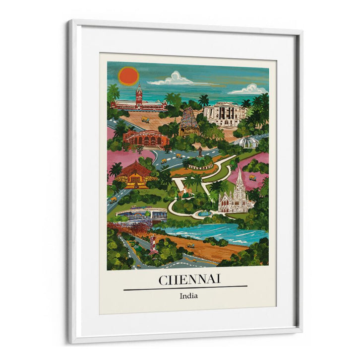 Colorful CHENAI, TRAVEL POSTERS capturing Chennai's charm, illustrated by Saumya Agarwal, perfect for wall art.