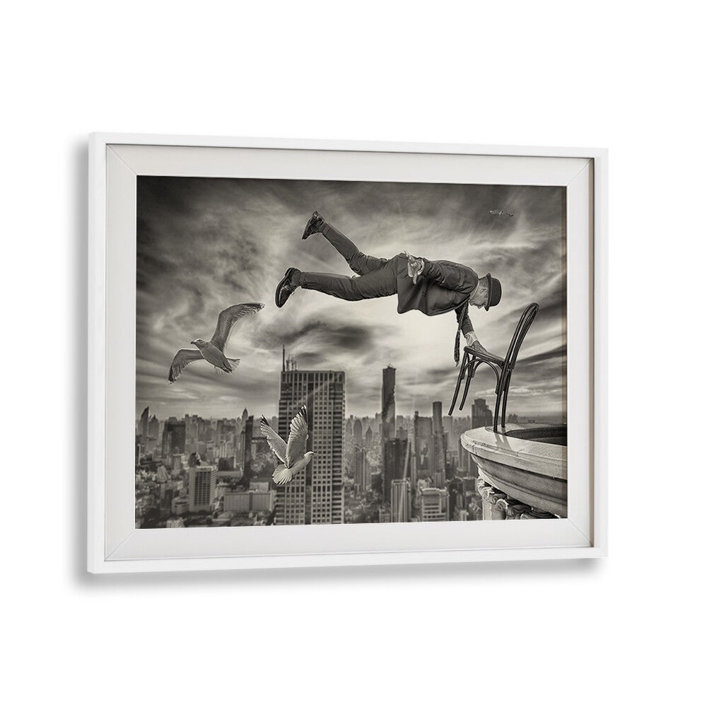 Surreal scene featuring a man floating above a cityscape, showcasing MAGIC WORLD, PHOTOGRAPHY PRINTS collection.
