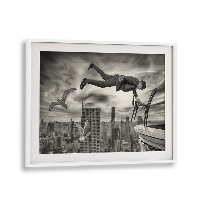 Surreal scene featuring a man floating above a cityscape, showcasing MAGIC WORLD, PHOTOGRAPHY PRINTS collection.
