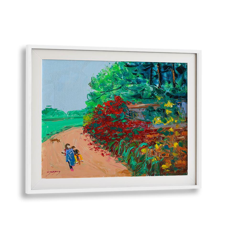 Vibrant WILD ROSE WALL PATH, LANDSCAPE PAINTINGS showcasing lush greenery and blooming flowers, perfect for any space.