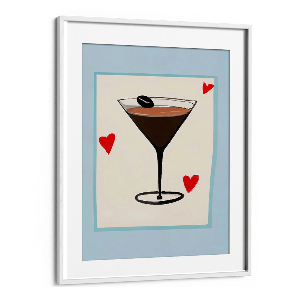 ESPRESSO MARTINI BABY , BAR artwork featuring a stylized espresso martini with red hearts in a white frame from Whitemount.