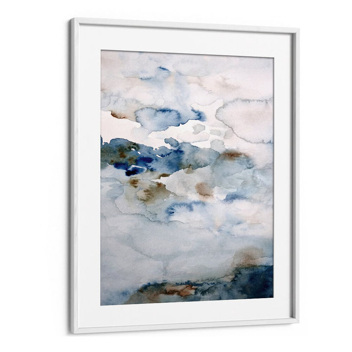 Framed abstract painting titled "UP IN THE CLOUDS III, ABSTRACT PAINTINGS" featuring soft blues and earthy tones.