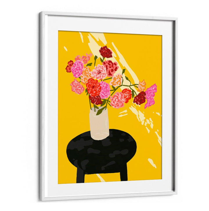 Brighten your decor with WINDOW GLOW, FLORAL FLOWER PAINTINGS, featuring vibrant blooms on a sunny yellow backdrop.