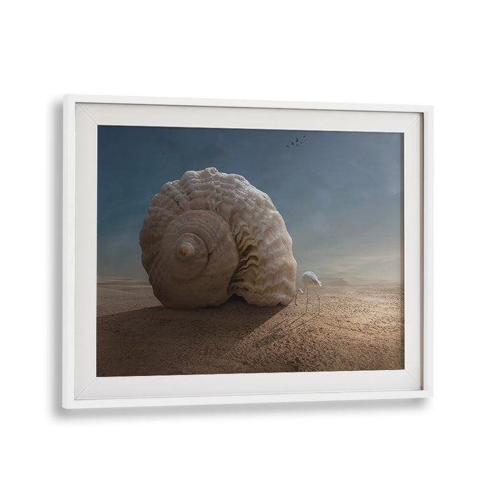 Surreal photography print titled "WHAT'S INSIDE," featuring a giant shell in a dreamlike desert landscape.