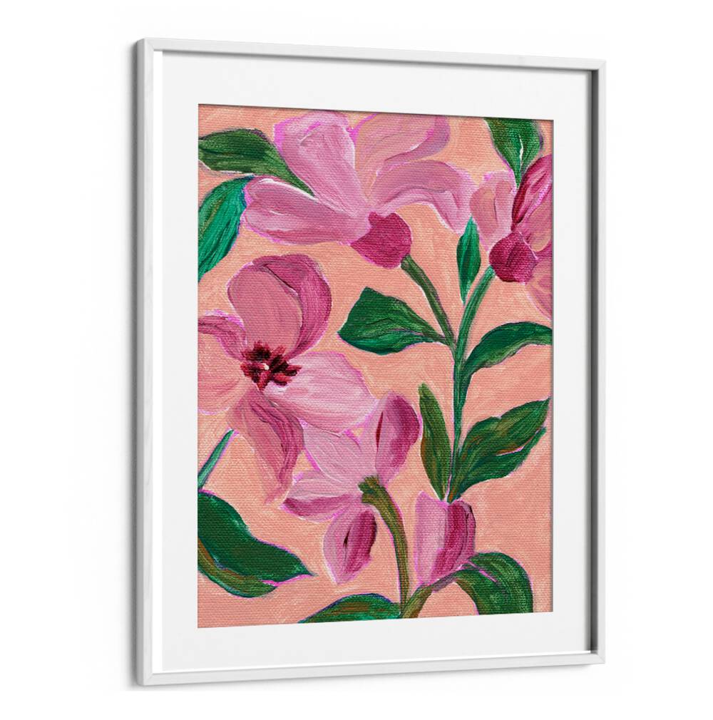 PINK FLOWERS LEAVES , FLORAL FLOWER PAINTINGS