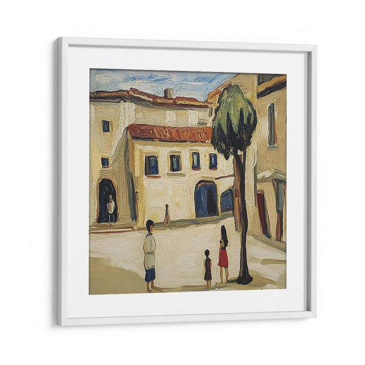 Artful depiction of urban life in STREET SCENE V, a stylish addition to modern streetwear collections.