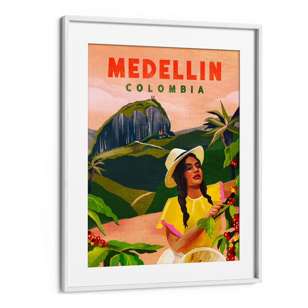 Vibrant Medellin Colombia vintage travel posters showcasing unique illustrations of women and stunning landscapes.