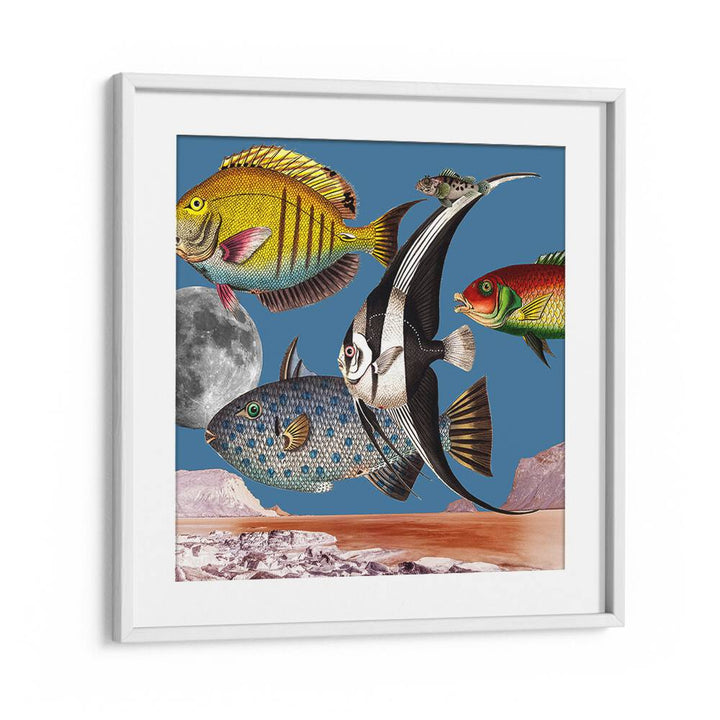 Vibrant FISH WORLD BLUE, BEACH PAINTINGS collage showcasing colorful fish against a deep blue backdrop, perfect for ocean lovers.