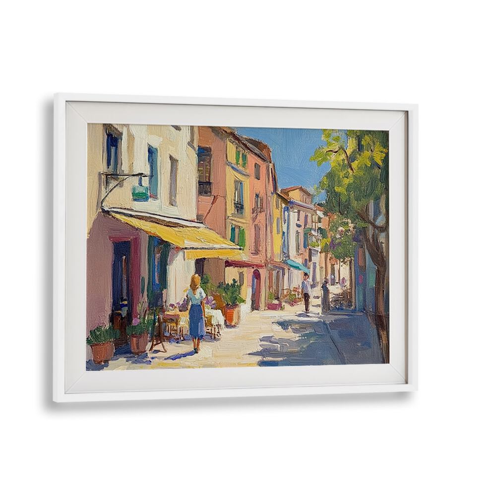A charming STREET IN MALLORCA painting showcasing vibrant urban life and Mediterranean charm. Perfect for any decor.