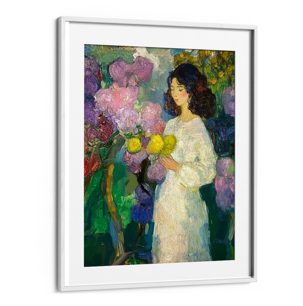 Enchanting GIRL IN THE GARDEN art piece featuring a woman surrounded by vibrant flowers, adding beauty to any space.