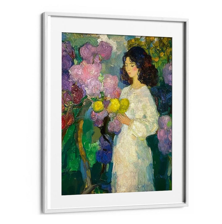 Enchanting GIRL IN THE GARDEN art piece featuring a woman surrounded by vibrant flowers, adding beauty to any space.