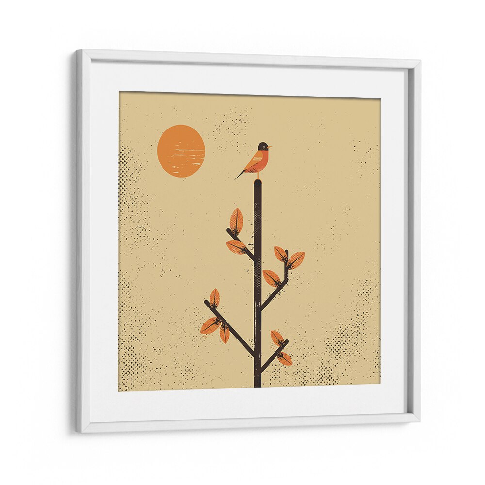 Colorful bird perched on a branch under a sun, featured in THE MIGRATION, ANIMAL PAINTINGS collection.