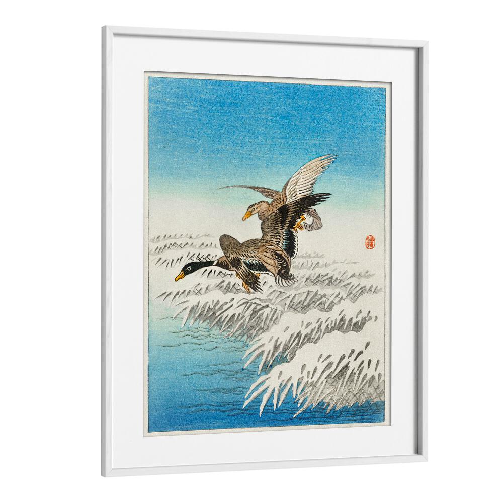 PAIR OF DUCKS FLYING OVER SNOWY REED COLLAR (1900 - 1945) , JAPANESE PAINTINGS , JAPANESE ART PRINTS