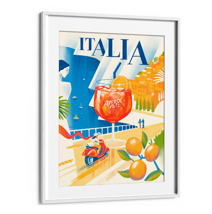 Vibrant ITALIA, BAR & CAFE ART featuring a refreshing Aperol Spritz in a scenic coastal setting. Perfect for your decor.