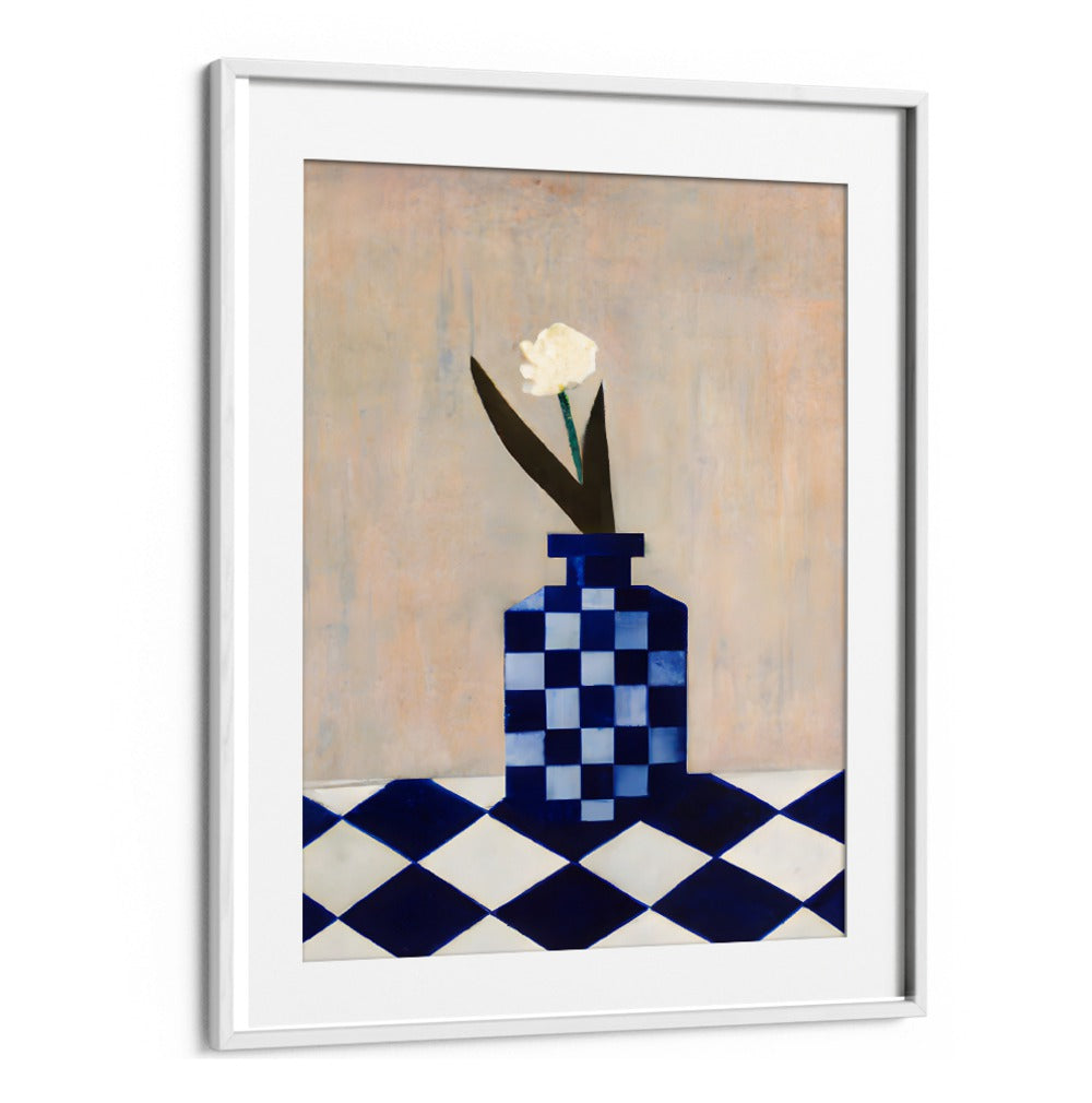 CHECK THE VASE , KITCHEN POSTERS featuring a blue checkered vase with a white flower, adding charm to kitchen walls.