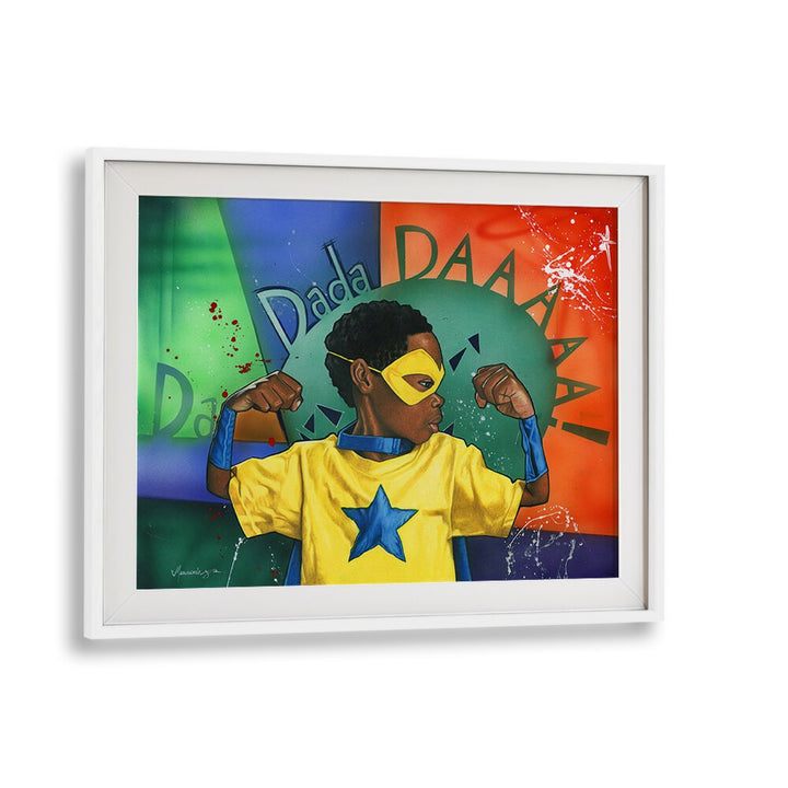 Vibrant DADADDAAA, AFRICAN ART PAINTINGS featuring a young superhero radiating confidence and creativity.