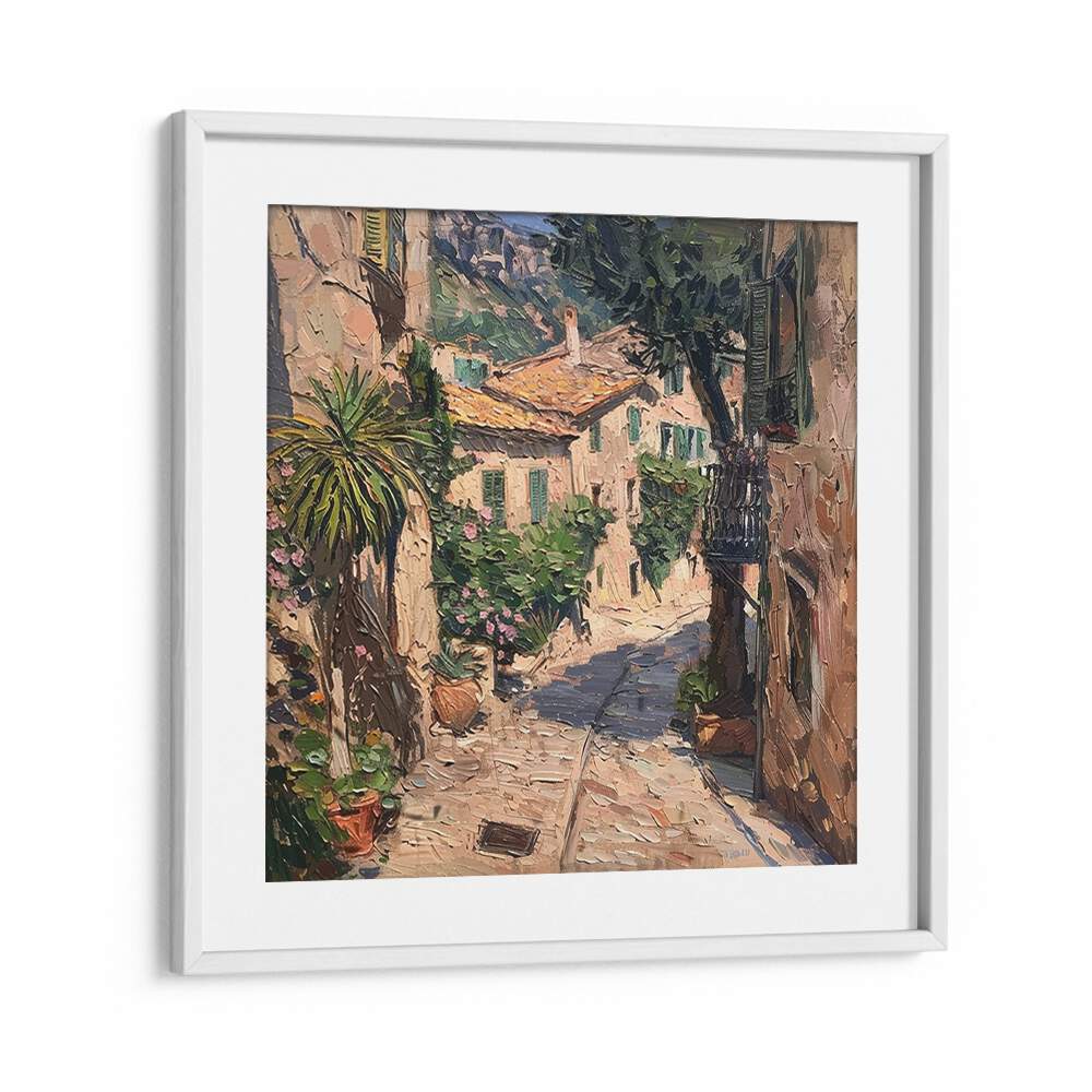 Elegant streetscape captured in STREET IN MALLORCA II, showcasing charming architecture and vibrant greenery.