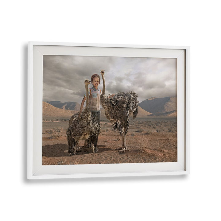 Whimsical OSTRICH BOY, PHOTOGRAPHY PRINTS featuring a child with ostriches in a surreal landscape. Perfect for art lovers!