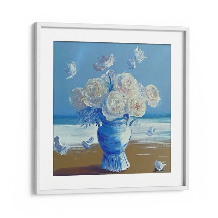 Stunning BLUE ROSES ON THE BEACH centerpiece, blending nature's beauty with artistic elegance. Perfect for any decor.