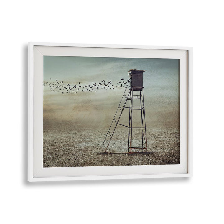 Surreal birds flying from a tower in a dreamlike landscape, showcasing GO TO NATURE, PHOTOGRAPHY PRINTS.