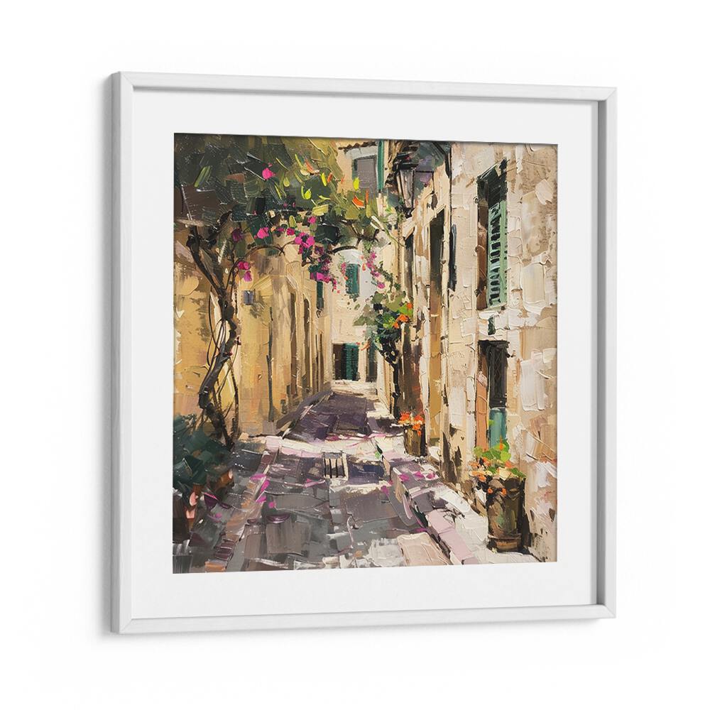 Elegant artwork titled ALLEYWAY MALLORCA, showcasing a charming street scene perfect for modern decor.
