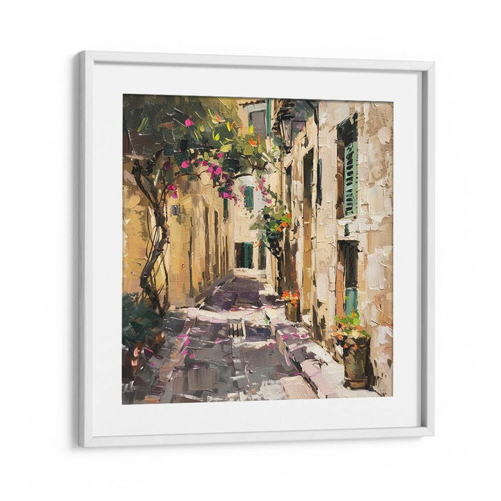 Elegant artwork titled ALLEYWAY MALLORCA, showcasing a charming street scene perfect for modern decor.