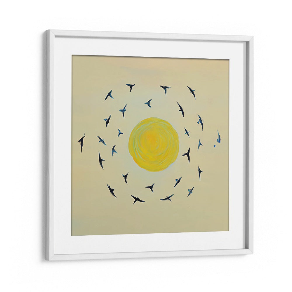 FLY AWAY WITH ME , KIDS ROOM PAINTINGS showing birds circling a bright yellow sun in a white frame from WhiteMount Store
