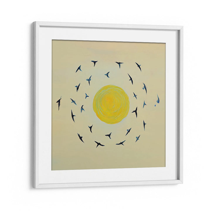 FLY AWAY WITH ME , KIDS ROOM PAINTINGS showing birds circling a bright yellow sun in a white frame from WhiteMount Store