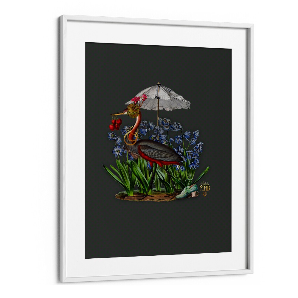 Whimsical ENCHANTED FOREST II, ANIMAL PAINTINGS featuring a colorful heron under an umbrella among vibrant flowers.