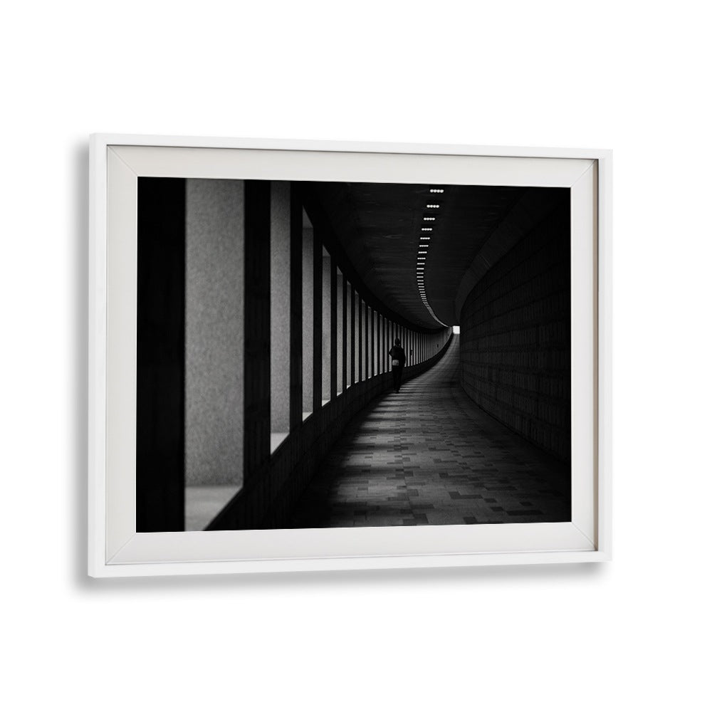 Elegant black and white curved hallway captured in A CORNER, PHOTOGRAPHY PRINTS for a sophisticated ambiance.