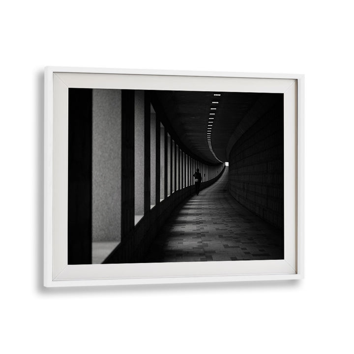 Elegant black and white curved hallway captured in A CORNER, PHOTOGRAPHY PRINTS for a sophisticated ambiance.