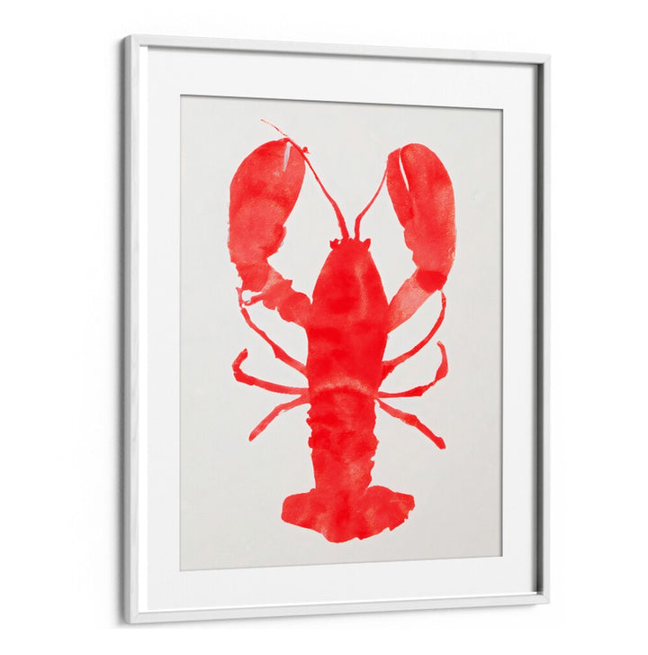 LOBSTER GRACE , KITCHEN POSTERS featuring a vibrant red lobster print in a modern white frame for stylish kitchen decor.