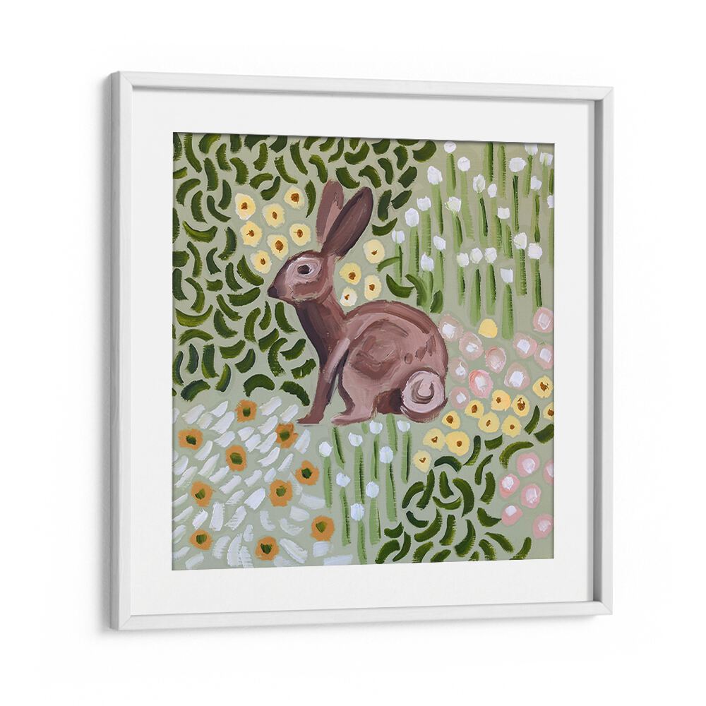 Delight in the COZY CORNER, ANIMAL PAINTINGS featuring a charming rabbit amidst vibrant floral textures.