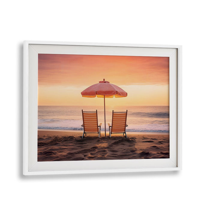 BOTH FACING THE OCEAN, BEACH PAINTINGS capture serene beach moments with vibrant colors and cozy lounge chairs.