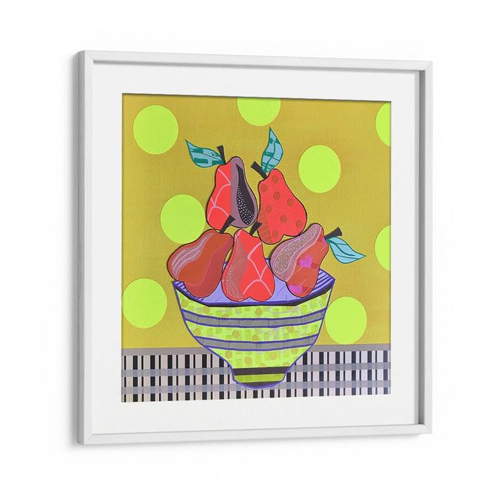 Vibrant PEARS AND TEARS, KITCHEN POSTERS art piece showcasing colorful pears in a whimsical bowl, perfect for home décor.