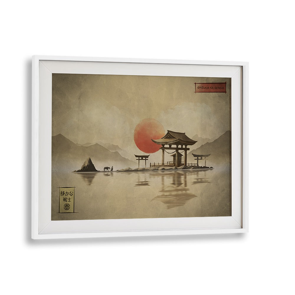 Elegant SHIZUKA NA SENSH, JAPANESE PAINTINGS capturing tranquil scenery with a serene sunset and traditional architecture.