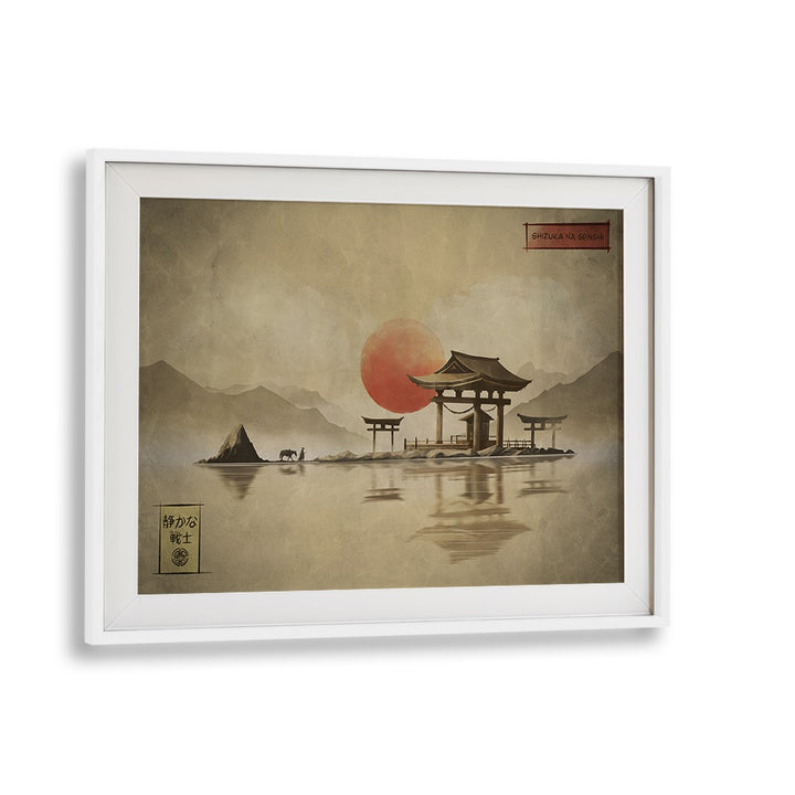 Elegant SHIZUKA NA SENSH, JAPANESE PAINTINGS capturing tranquil scenery with a serene sunset and traditional architecture.