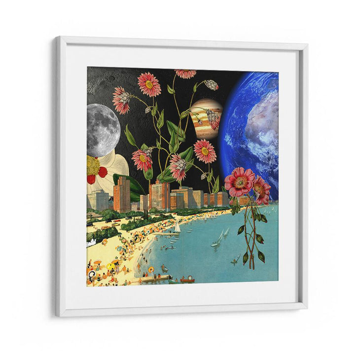 Surreal art print "BEACH WITH A VIEW" features vibrant beach scenes and cosmic elements, perfect for any art lover.